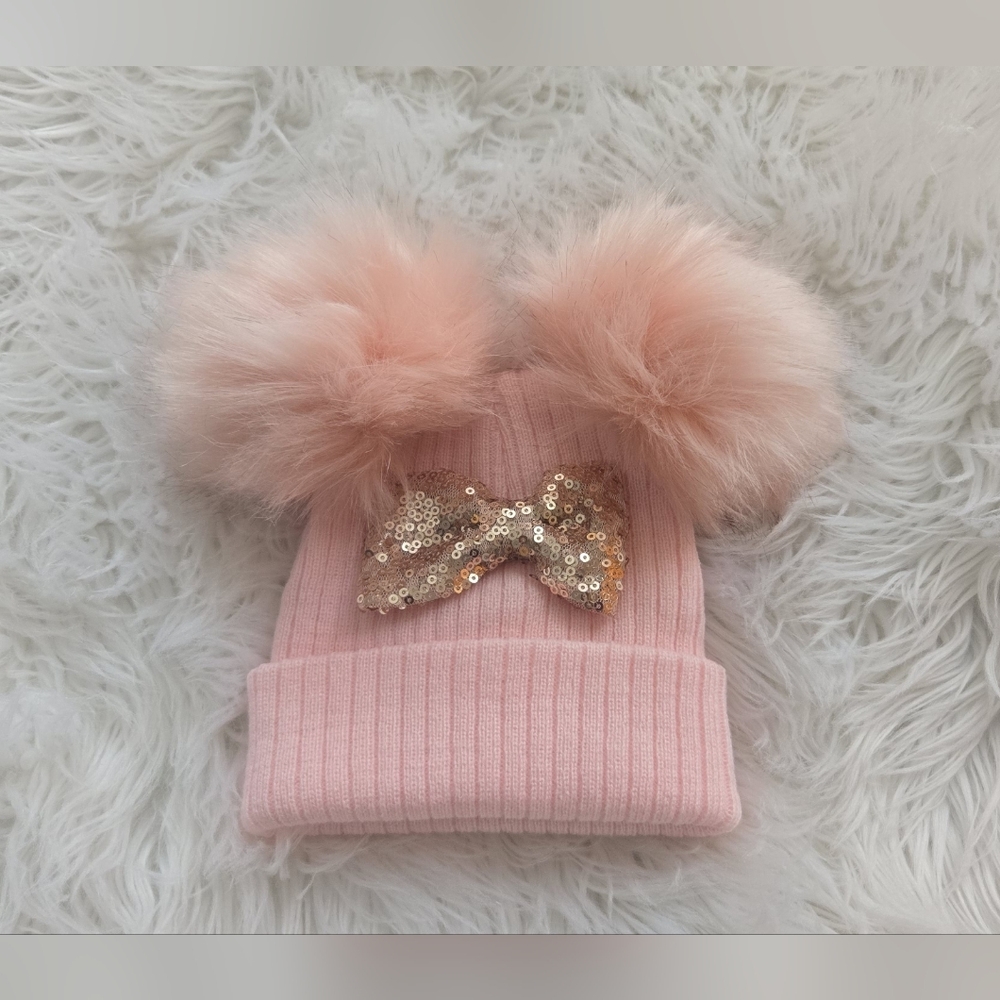 Pink Furry Pom-Pom Beanie with Sequin Bow